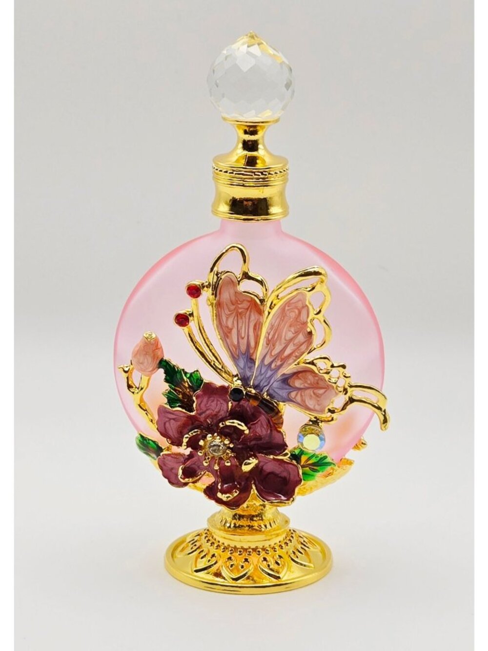 Decorative Pink Glass & Ormolu Perfume Bottle With Butterfly & Flower Accents